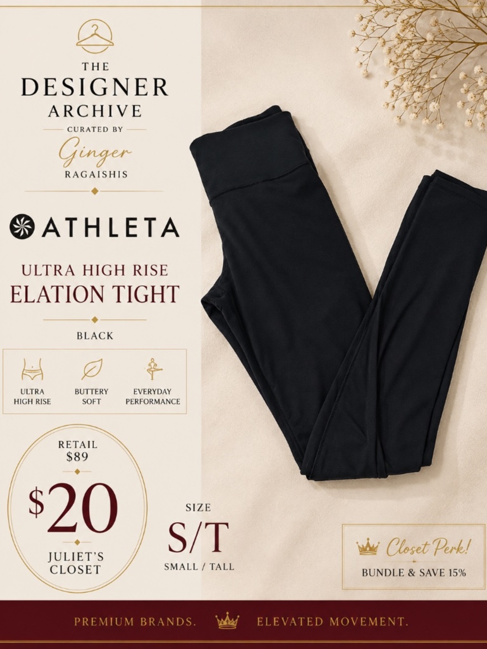 Athleta Ultra High Rise Elation Tight Black Leggings S Tall